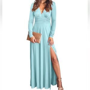 Gorgeous V neck Long Sleeve BabyBlue Maxi Dress🩵